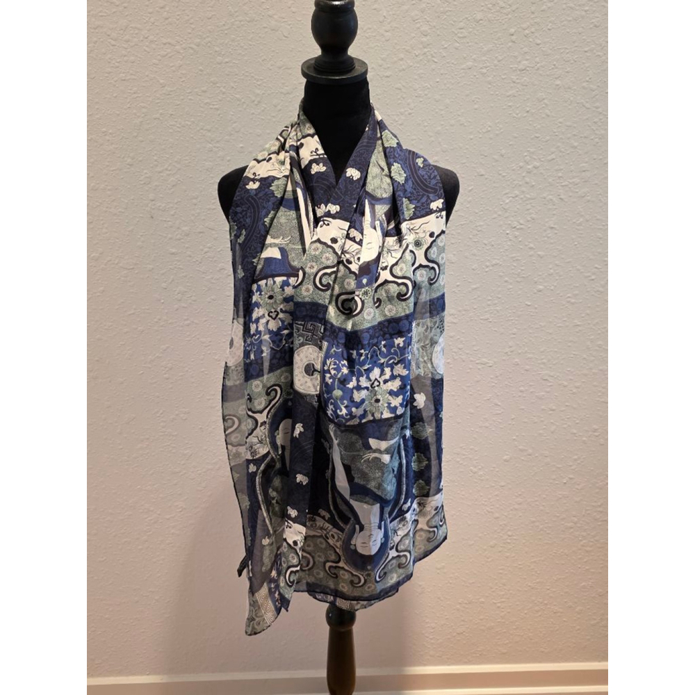 Women's ZazouLuxe Blue Green Buddha Print 100% Silk Scarf One Size